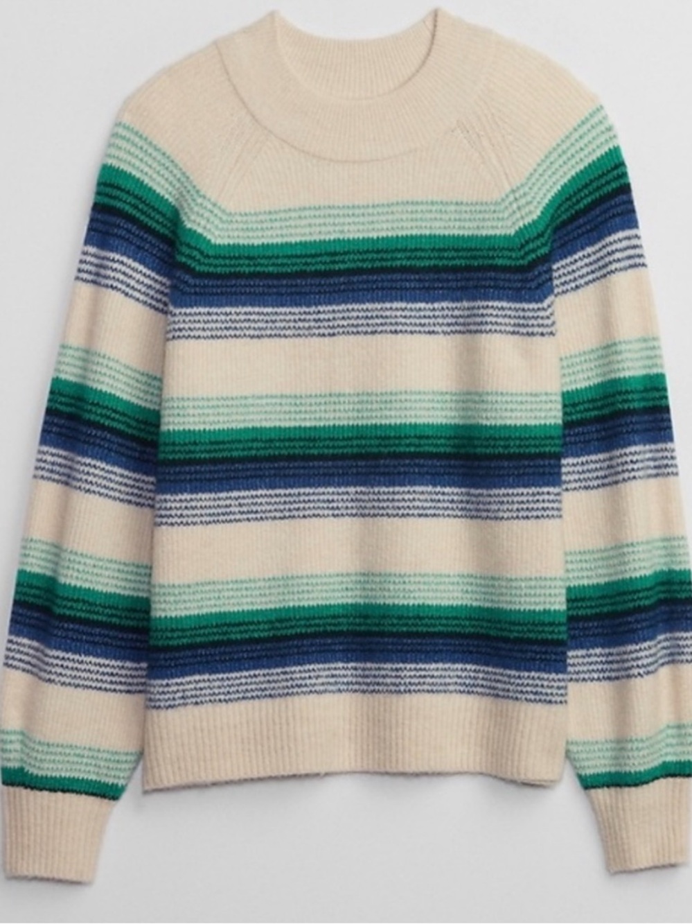 Cream Crewneck Sweater with Blue & Green Stripes